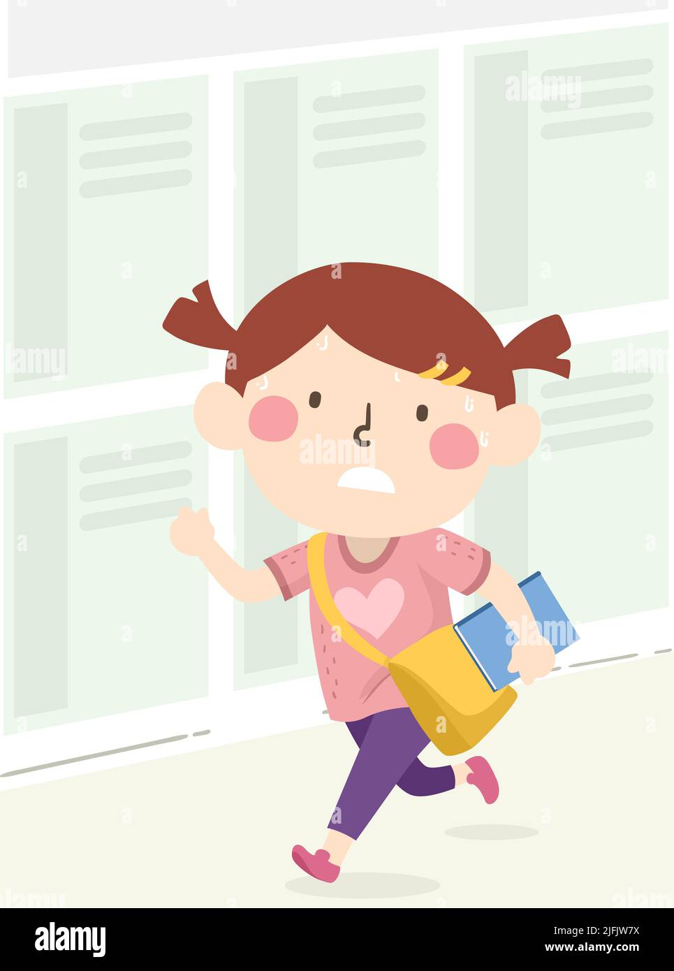 Ilustración de una estudiante niña con bolsa y libro, sudoración y carrera hasta tarde para la escuela Foto de stock