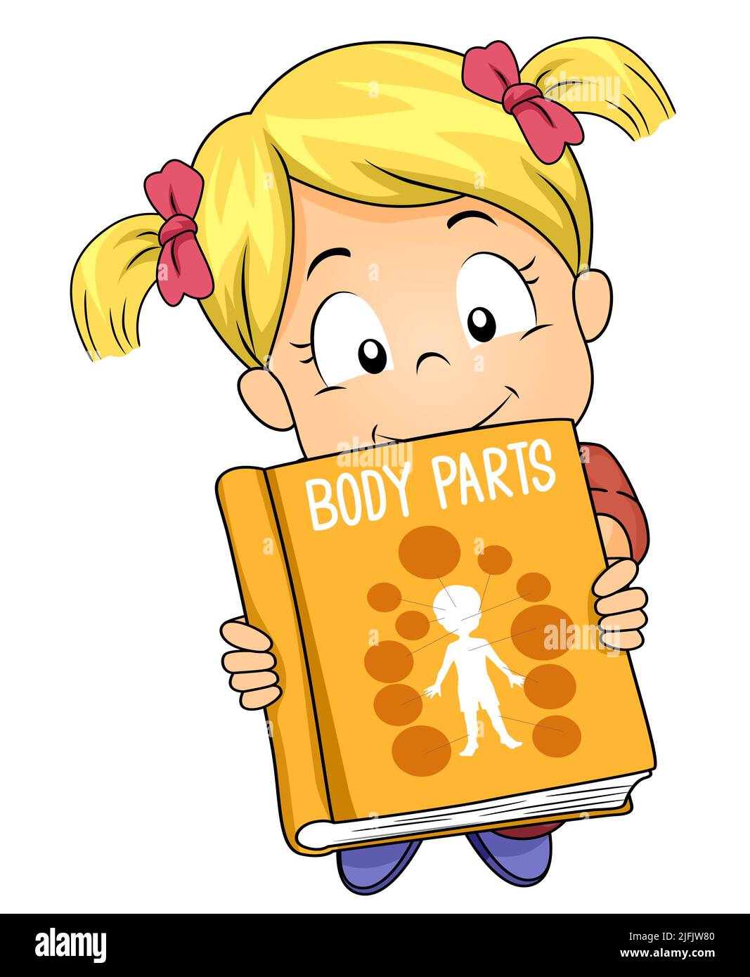 Ilustración de una estudiante de niña sosteniendo y mostrando un libro sobre partes del cuerpo Foto de stock