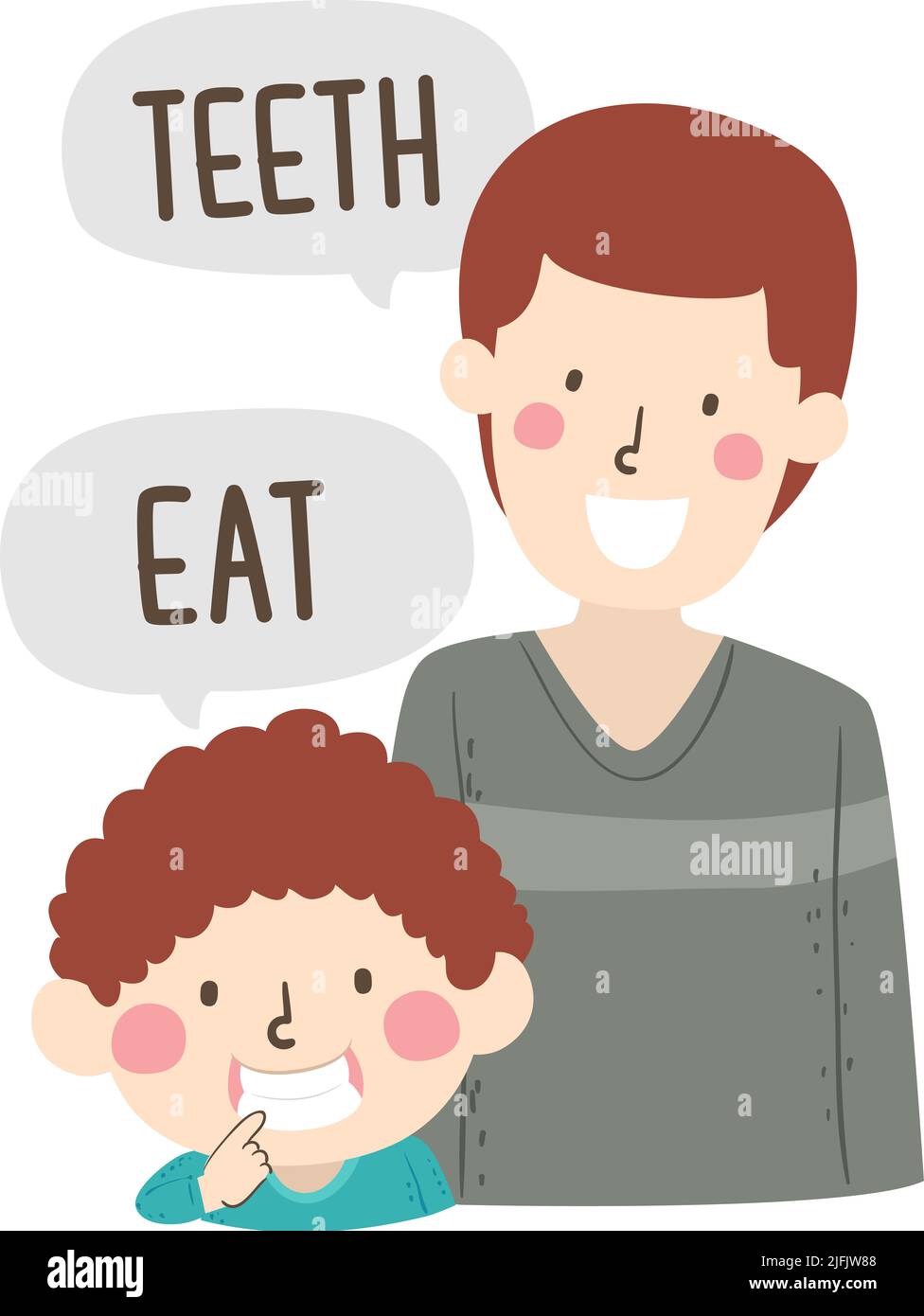 Ilustración de Kid Boy con la mano apuntando a los dientes diciendo Eat, Papá enseñando parte del cuerpo diciendo dientes Foto de stock