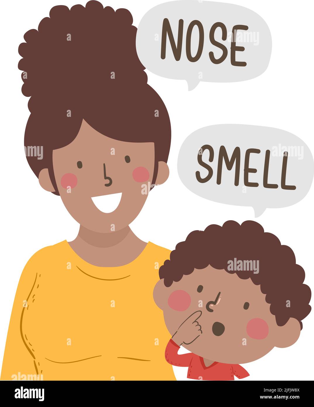 Ilustración de Kid Boy con la mano apuntando a la nariz diciendo olfato, Mamá enseñando parte del cuerpo diciendo nariz Foto de stock