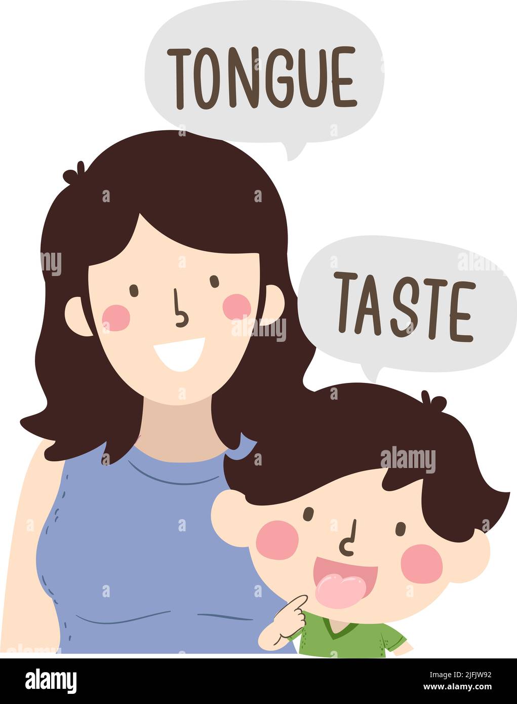 Ilustración de Kid Boy con la mano apuntando a la lengua diciendo Taste, Mamá Parte del Cuerpo de Enseñanza diciendo la lengua Foto de stock