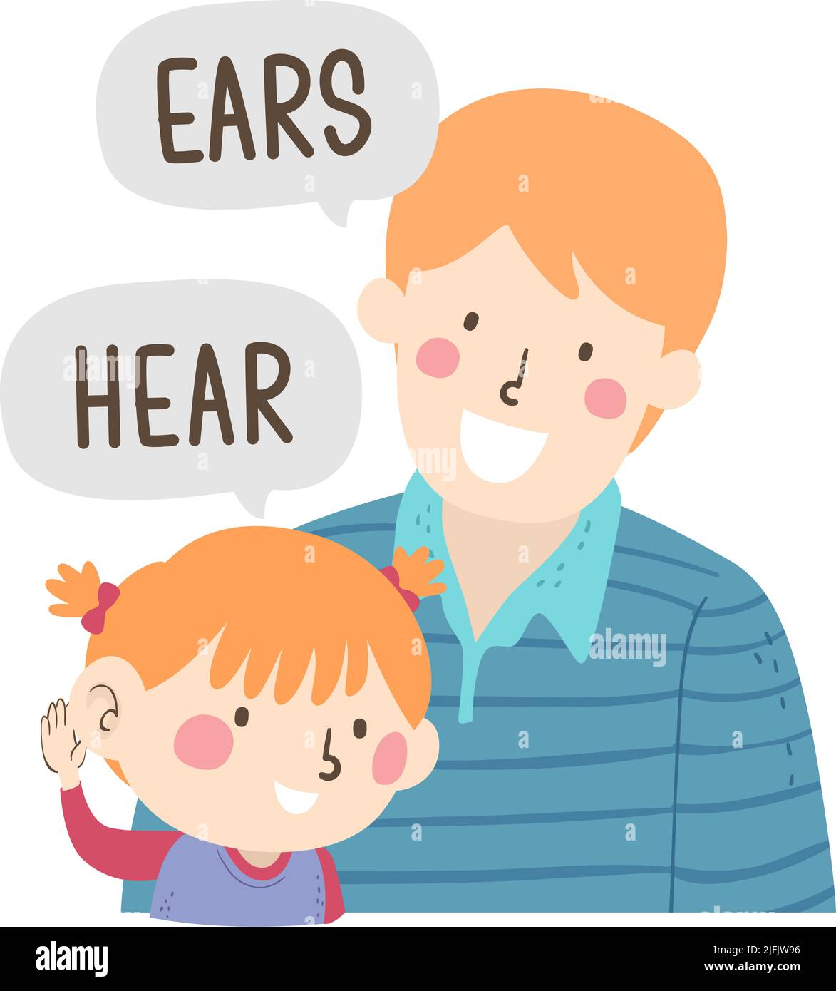 Ilustración de Kid Girl con la mano detrás del oído diciendo Oír, Papá Enseñando la parte del cuerpo diciendo orejas Foto de stock
