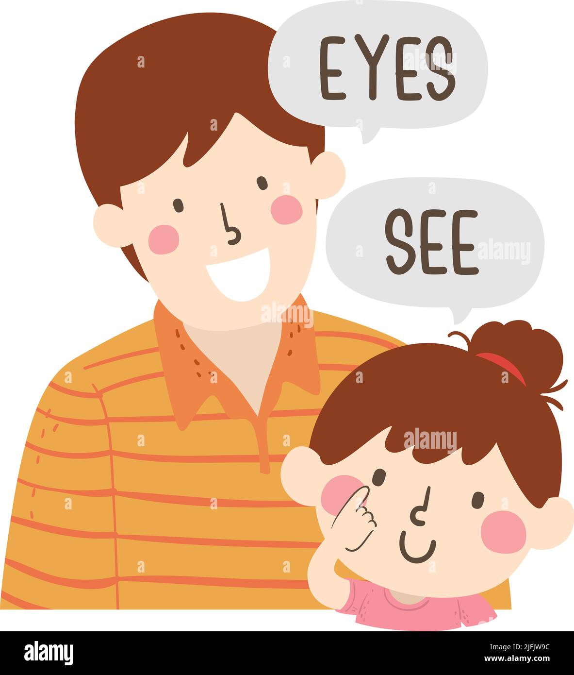 Ilustración de Kid Girl con la mano señalando los ojos diciendo Ver, Papá enseñando parte del cuerpo diciendo los ojos Foto de stock