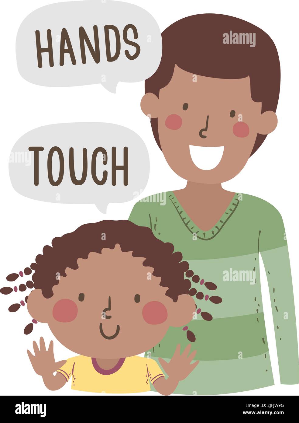 Ilustración de Kid Boy with Hands Up diciendo Touch, papá enseñando parte del cuerpo diciendo manos Foto de stock