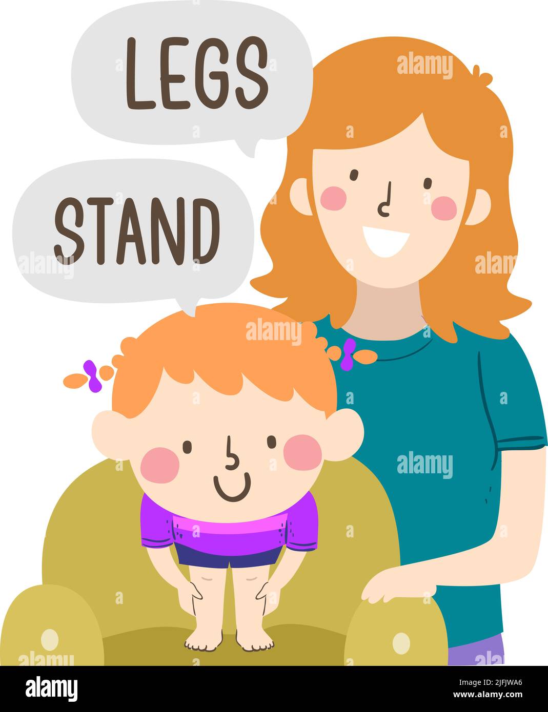 Ilustración de Kid Girl en una silla sosteniendo sus piernas diciendo Stand, Mamá Enseñando Parte del Cuerpo diciendo Piernas Foto de stock