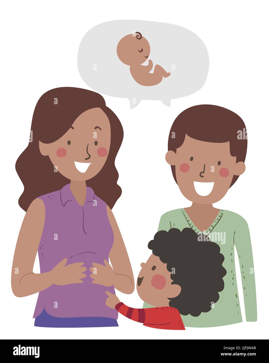 Ilustración de Kid Boy señalando el vientre de su mamá, padres hablando sobre el bebé en la burbuja del habla Foto de stock