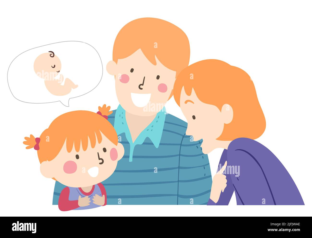 Ilustración de Kid Girl haciendo preguntas a los padres sobre una burbuja de bebé en el habla Foto de stock