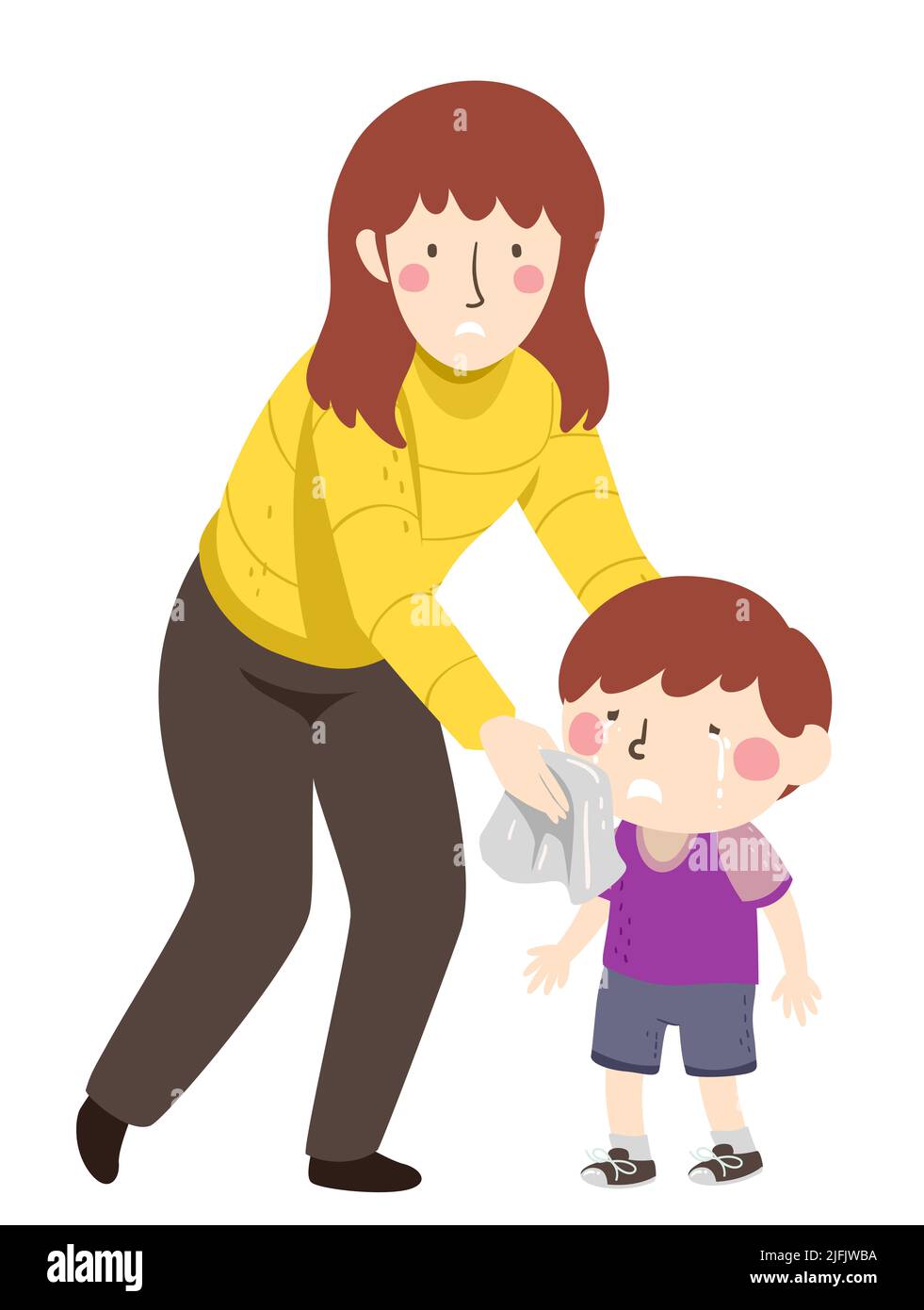 Ilustración de Kid Boy llorando con mamá al lado de él Barrido sus lágrimas con un pañuelo Foto de stock