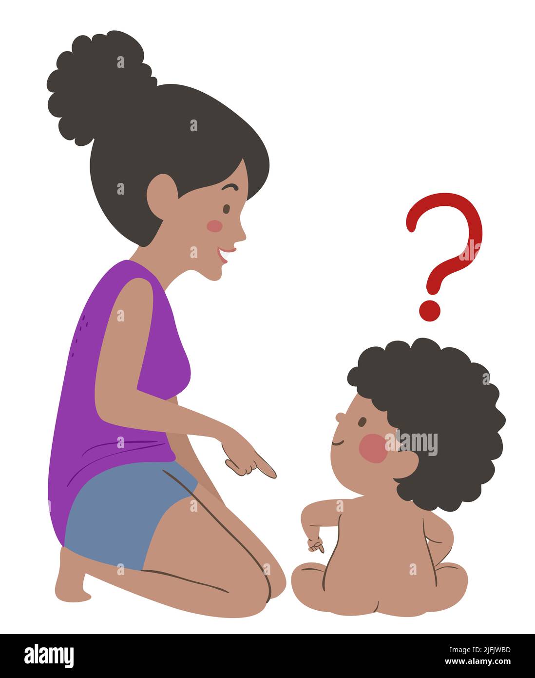 Ilustración de niño afroamericano desnudo sentado con mamá, señalando y haciendo preguntas sobre su parte privada del cuerpo Foto de stock