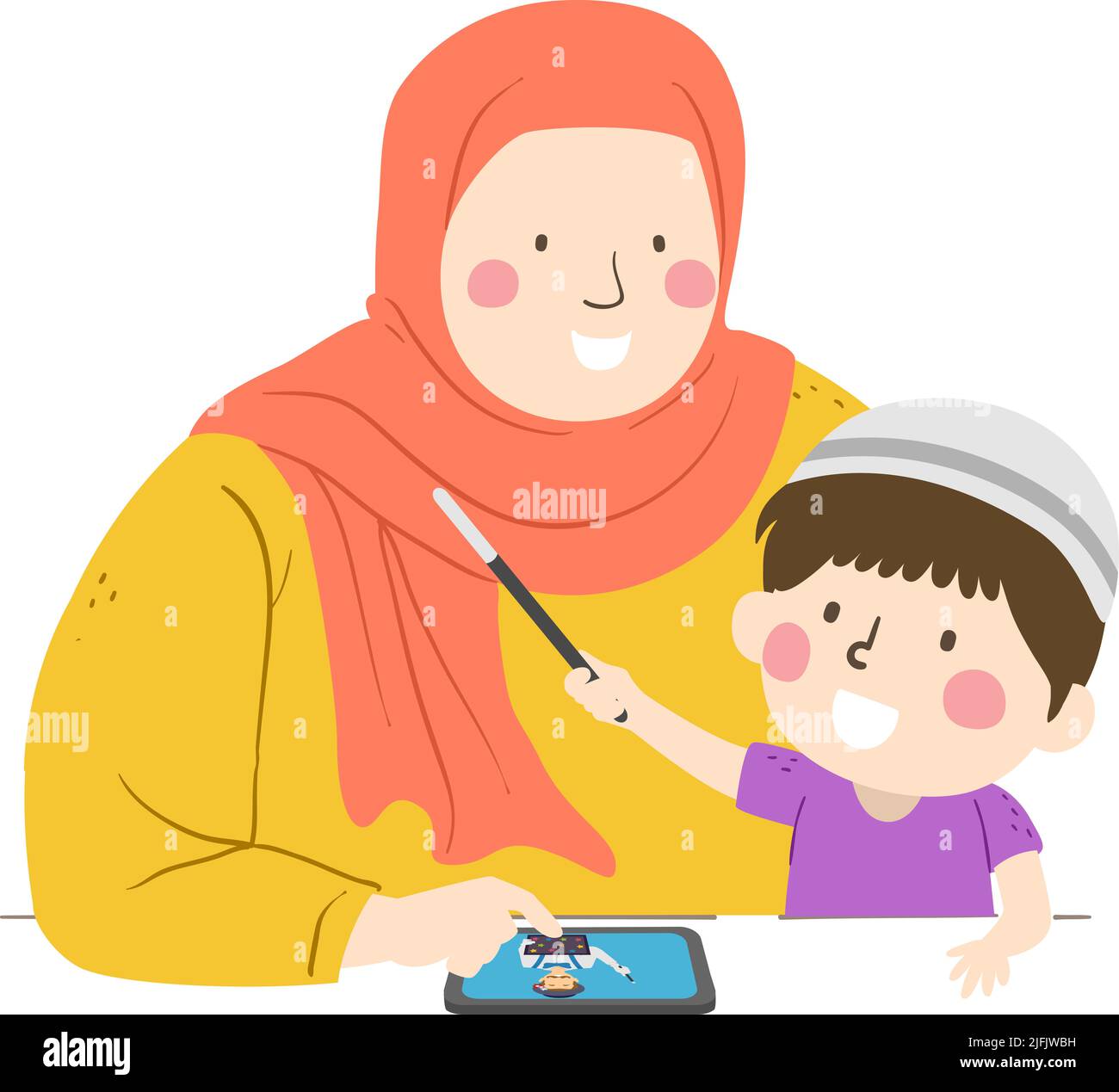 Ilustración de Kid Boy Muslim usando Taqiyah y sosteniendo la varita mágica con la mamá usando hijab viendo a un mago en línea en la tableta Foto de stock