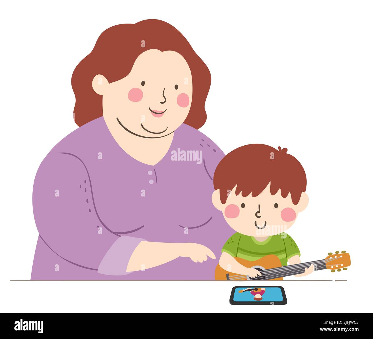 Ilustración de un niño mirando en línea con mamá y aprendiendo la guitarra Foto de stock