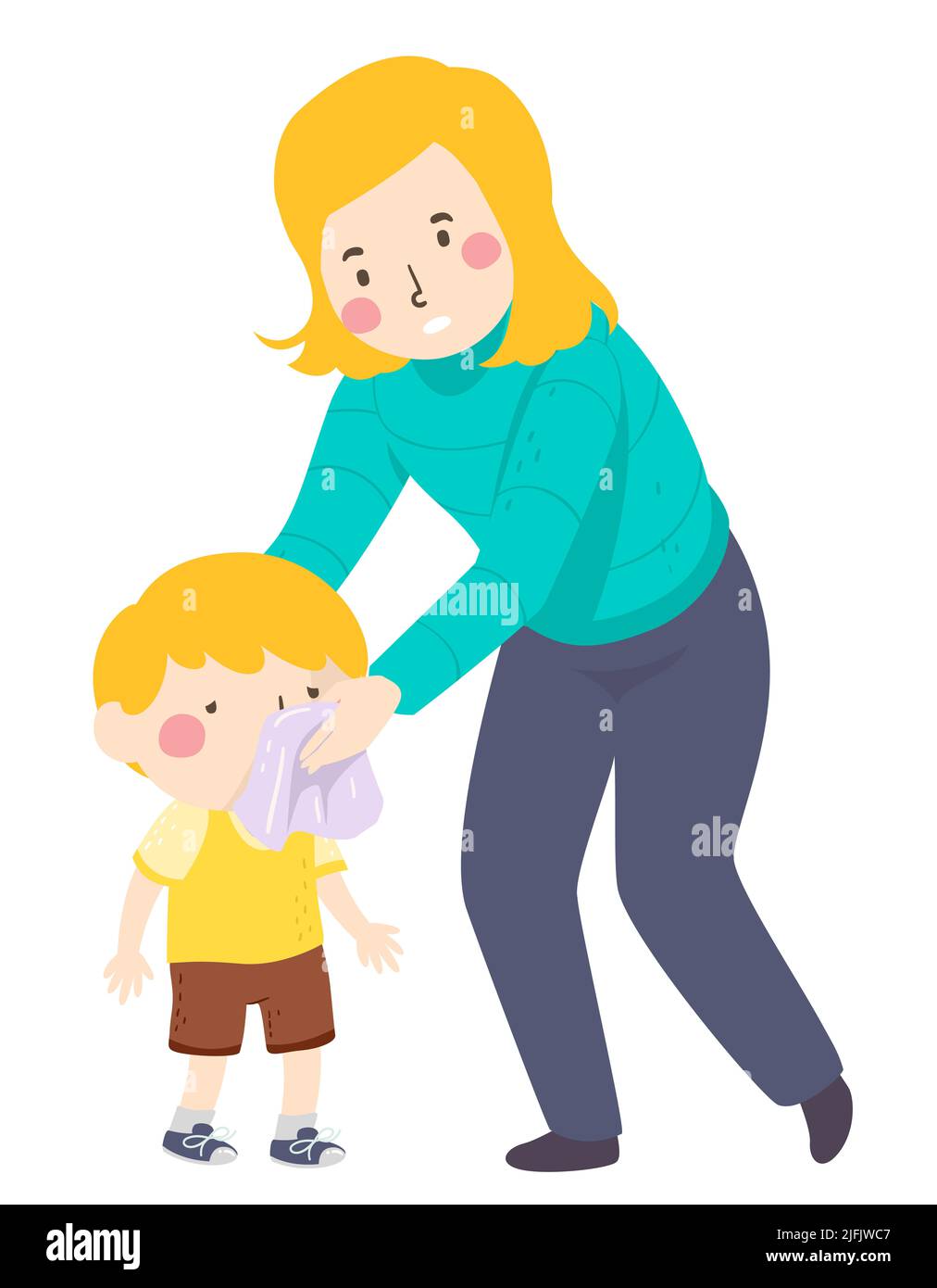 Ilustración de Kid Boy de pie con Mamá Limpia su nariz y boca con el pañuelo Foto de stock