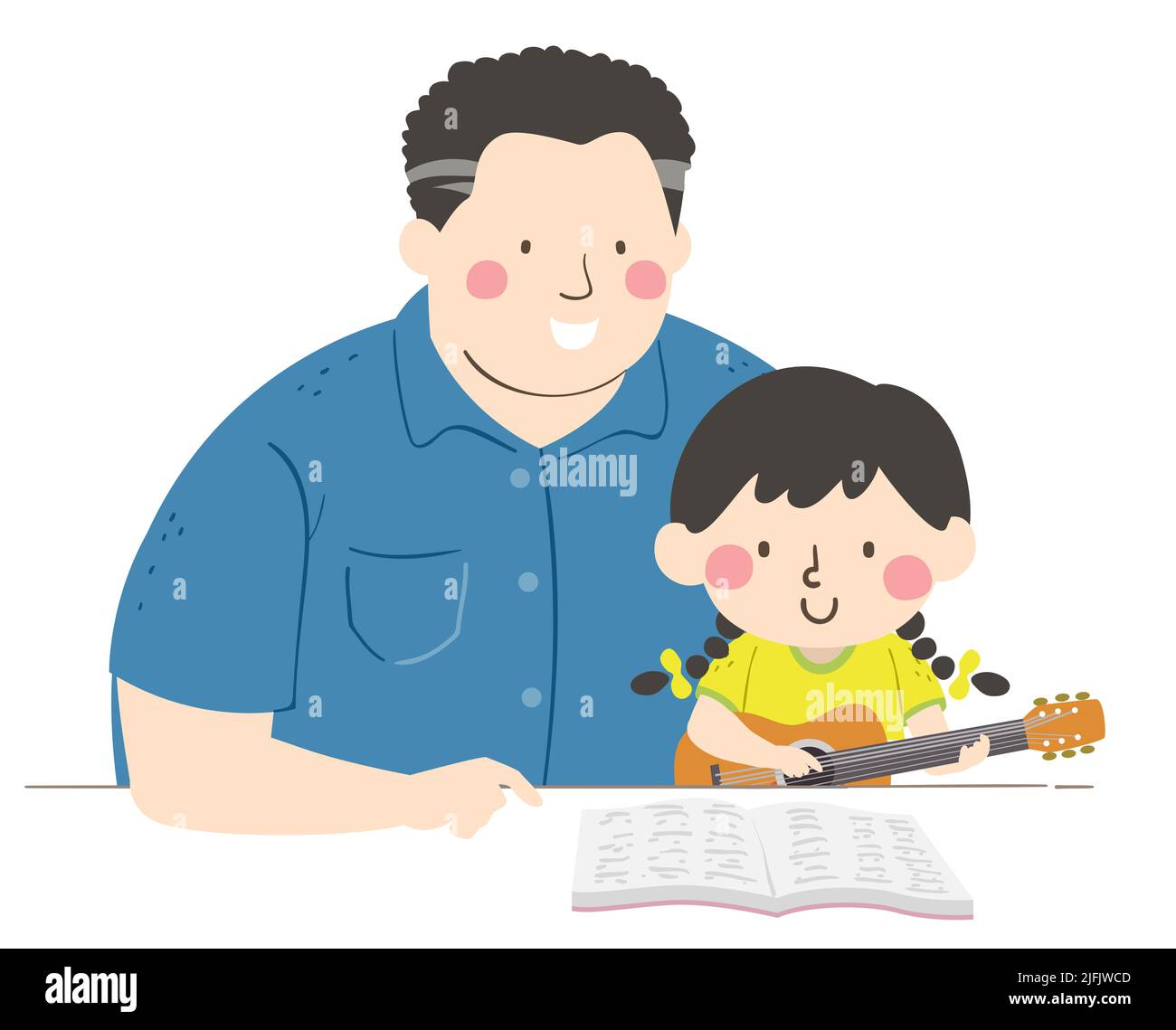 Ilustración de Kid Girl sosteniendo una guitarra con su papá señalando el libro de canciones en la mesa. Papá enseñando a su hija a tocar la guitarra Foto de stock