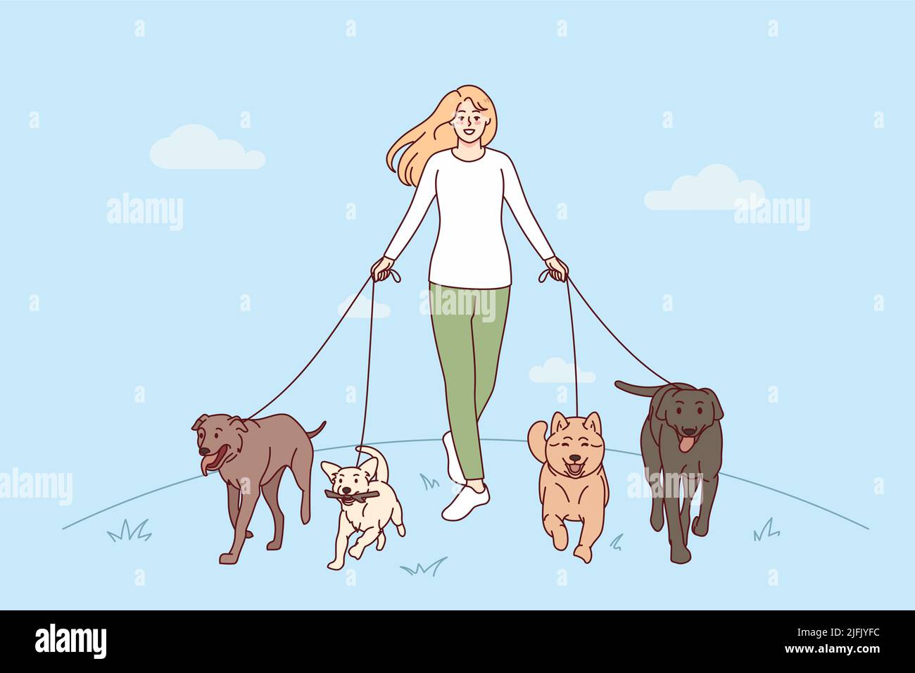 Mujer joven sonriente con perros en correas caminando por el parque. Niña feliz caminadora de mascotas con animales domésticos afuera. Ilustración vectorial. Ilustración del Vector