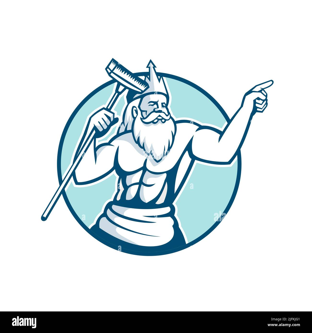 Icono de la mascota ilustración de Neptuno, dios del mar en la mitología romana o Poseidón en griego, sosteniendo un matorral de la piscina o limpiador del cepillo fijado Foto de stock