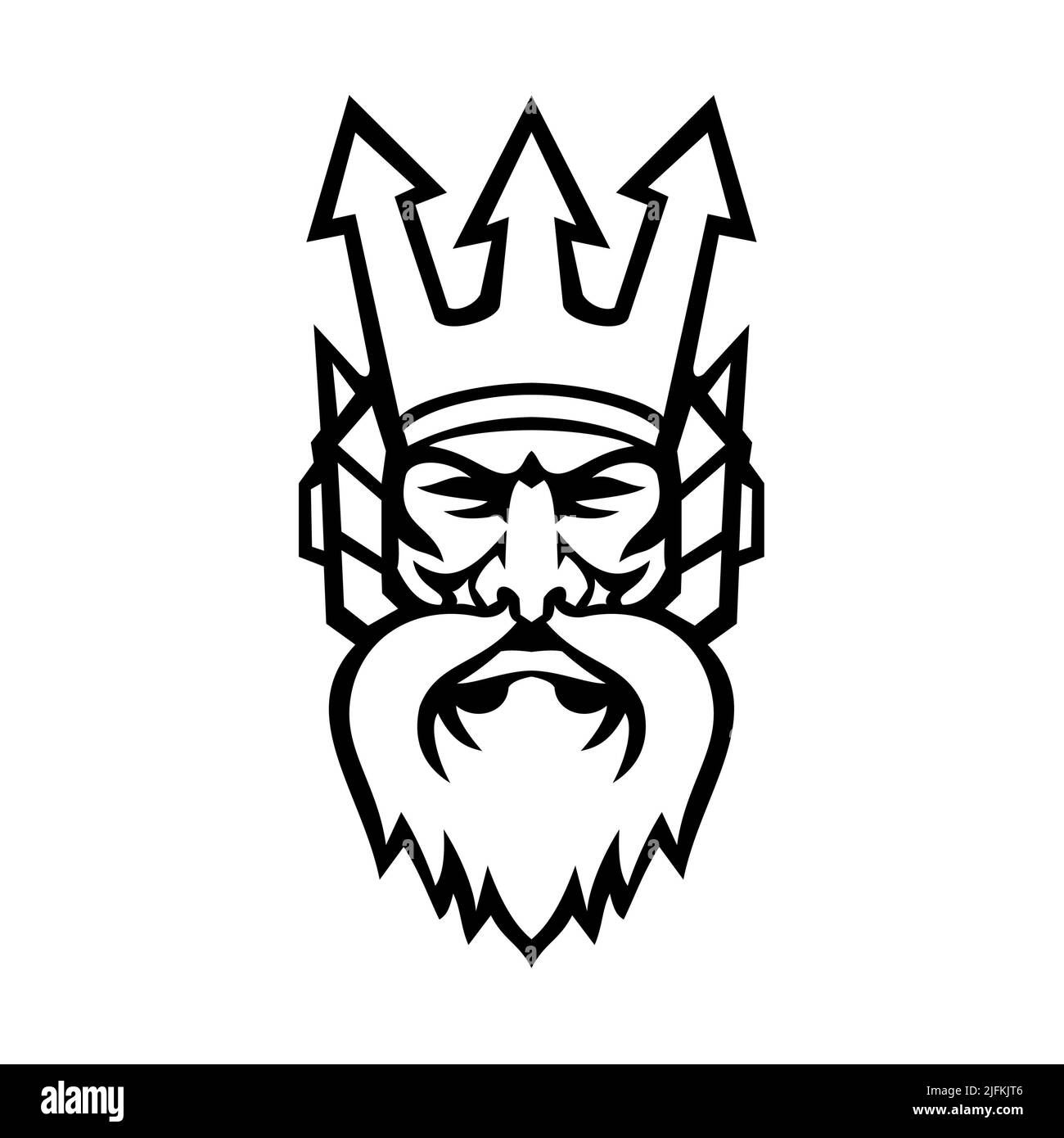 Ilustración de icono de la mascota de la cabeza de Poseidón, dios del Mar en la religión griega y el mito, con una corona tridente vista desde el frente en aislado Foto de stock