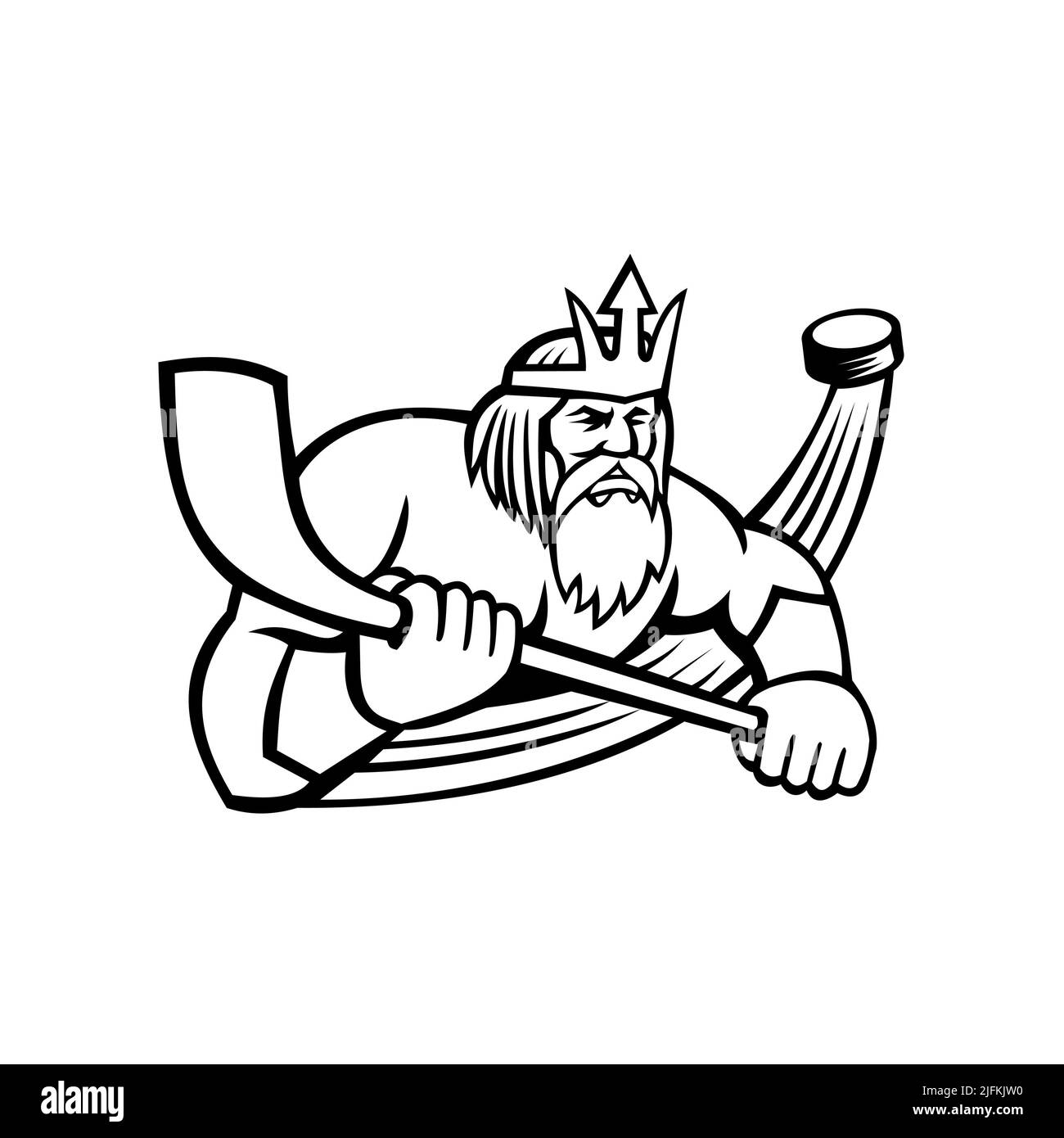 Ilustración de la mascota blanca y negra de Poseidón o Neptuno, dios del Mar en la mitología griega y romana sosteniendo un palo de hockey sobre hielo con el disco visto Foto de stock