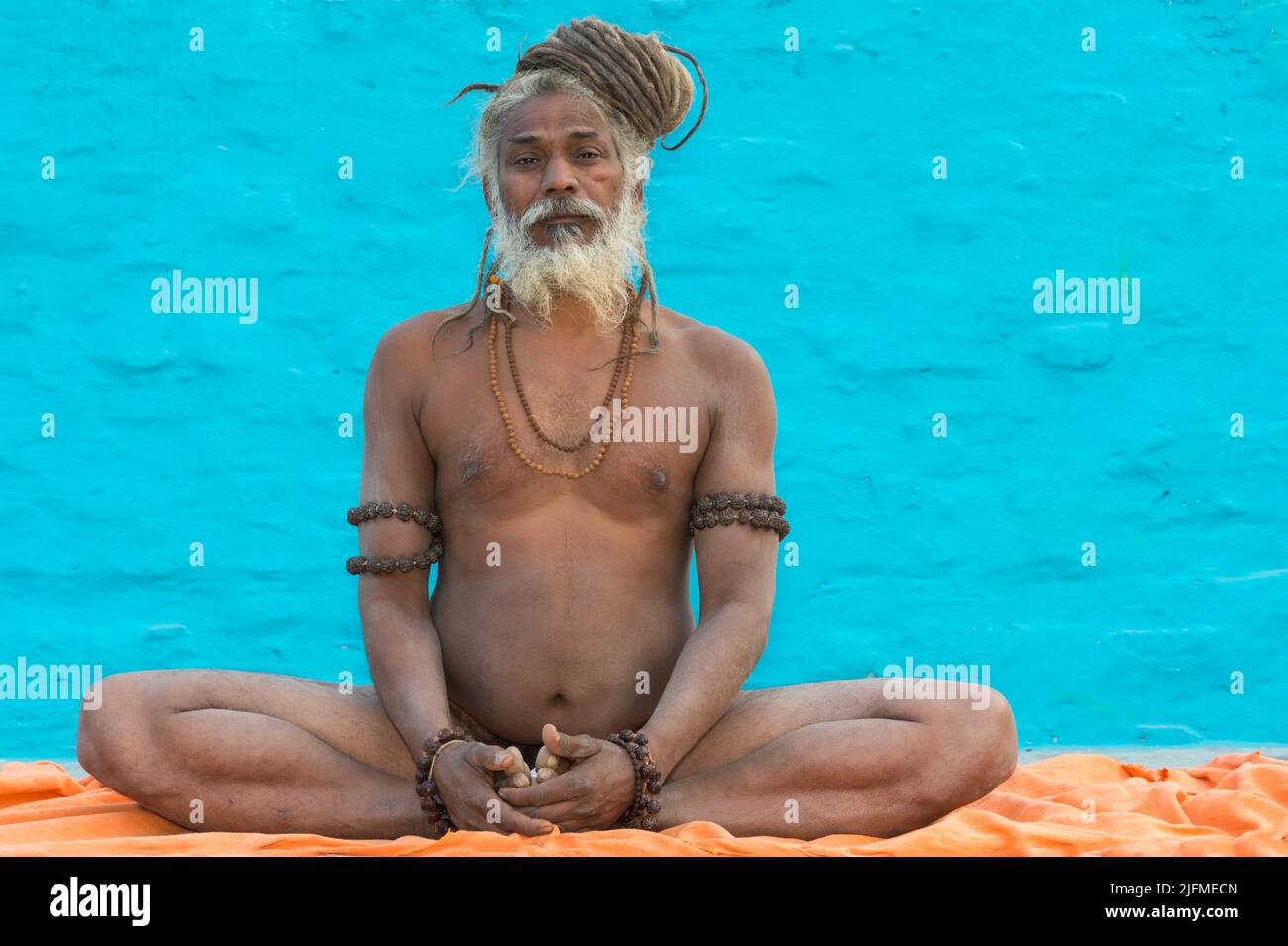 Roma Baba practicando yoga, sólo para uso editorial, Allahabad Kumbh Mela, la reunión religiosa más grande del mundo, Uttar Pradesh, India Foto de stock