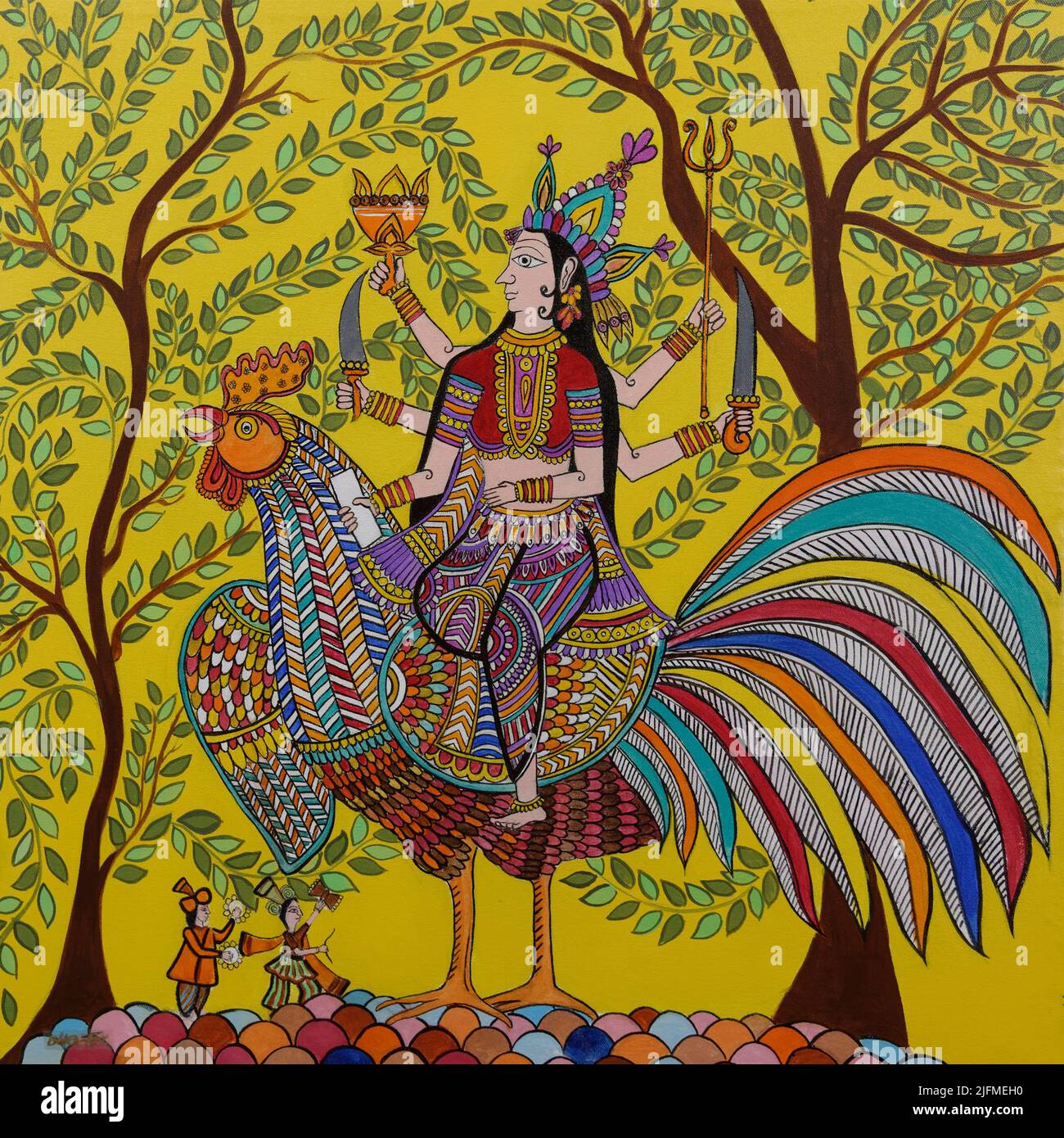 La pintura que representa una deidad sentado en un gallo, sólo para uso editorial, Templo de la Hijra grupo comunitario, Allahabad Kumbh Mela, más grande del mundo Foto de stock