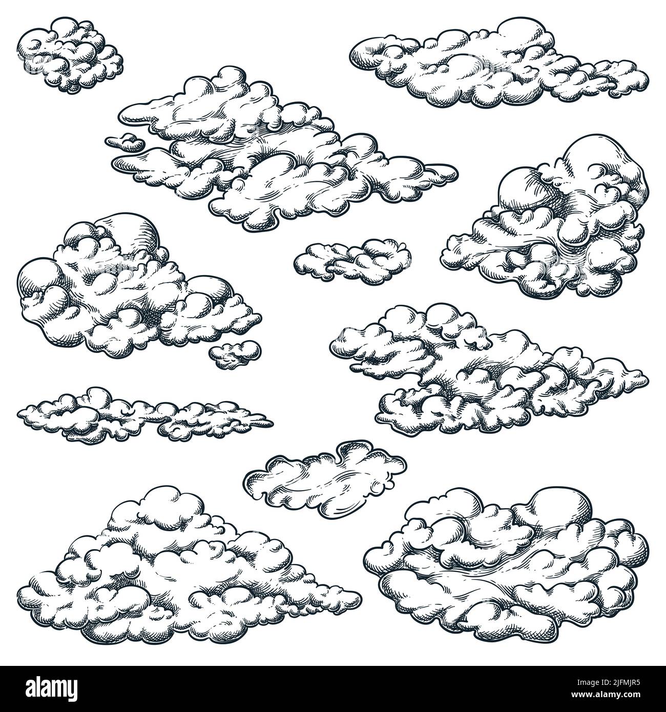 Ilustración vectorial de croquis de nubes esponjosas dibujadas a mano. Elementos de diseño Sky aislados sobre fondo blanco Ilustración del Vector