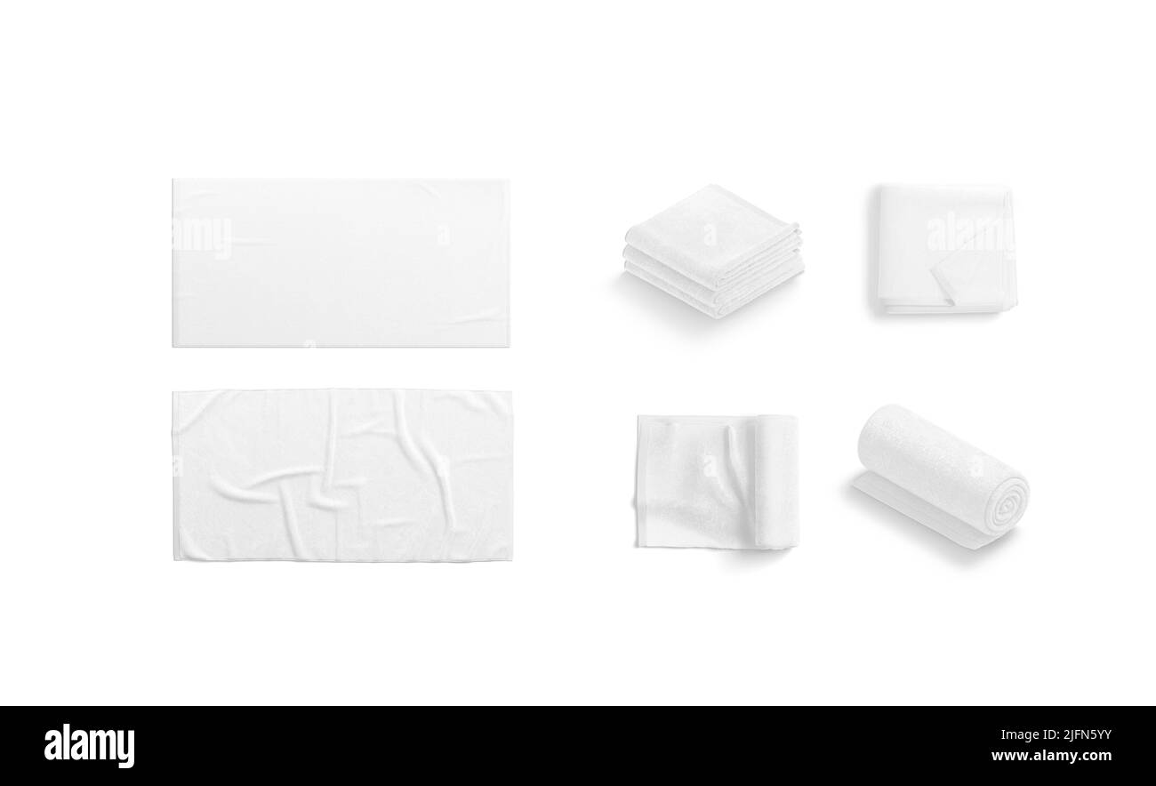 Moqueta de toalla blanca en blanco, doblada y desplegada, vistas diferentes Foto de stock