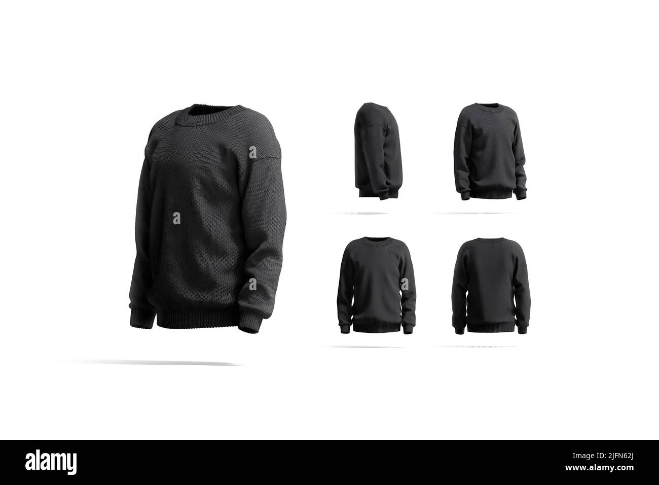Maqueta de suéter de punto negro en blanco, diferentes vistas Foto de stock