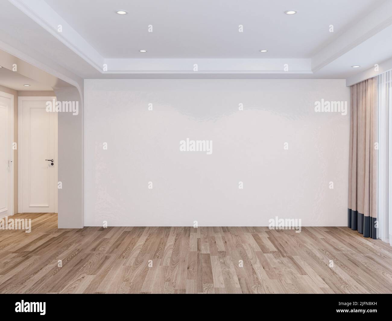 Blanco en blanco habitación interior de fondo de mockup de pared, blanco vacío paredes esquina y suelo de madera blanca contemporánea, 3D renderizado Foto de stock