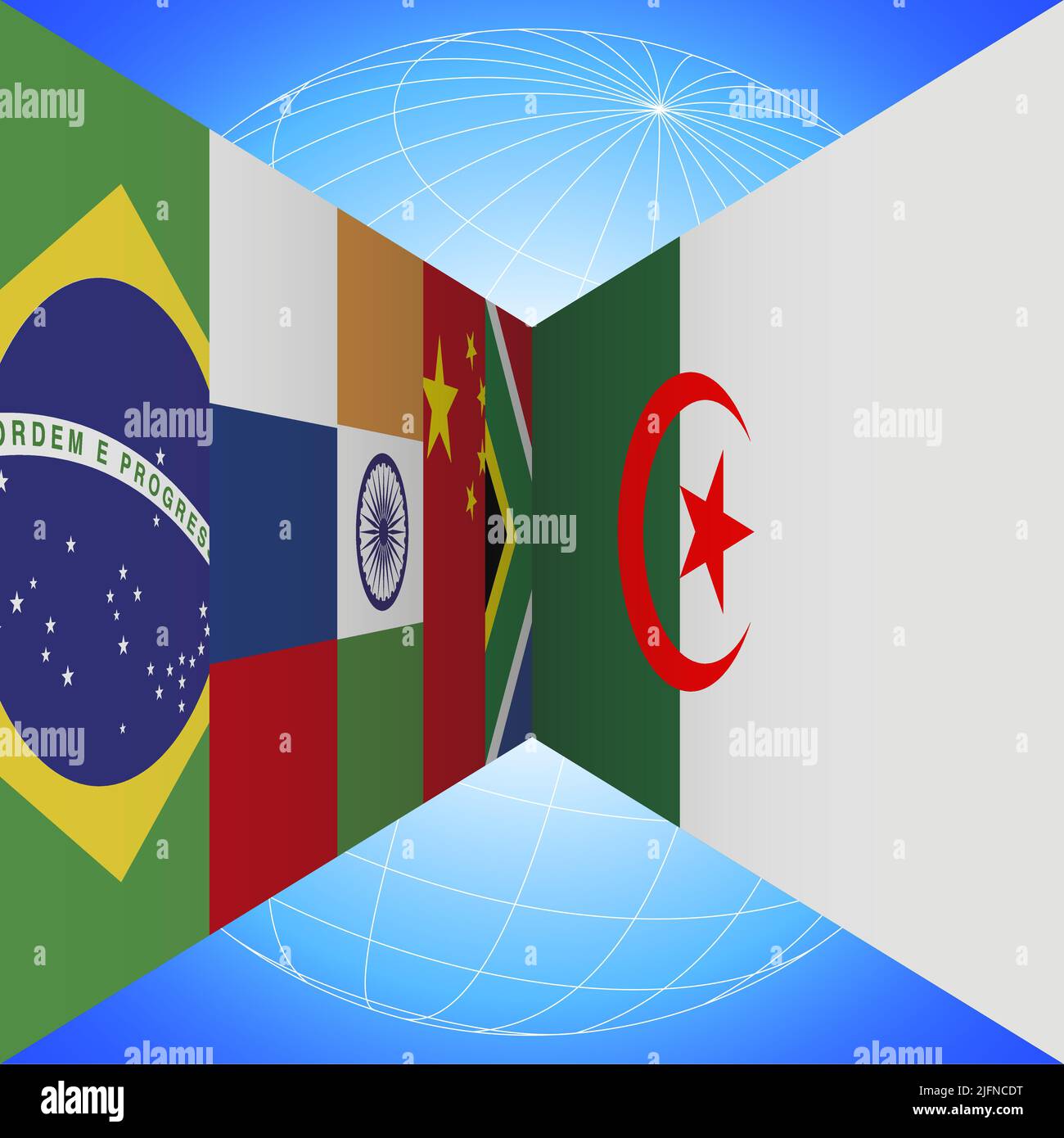 Banderas BRICS Los países y Argelia bandera con el globo terrestre en perspectiva sobre el fondo azul, ilustración de vectores Ilustración del Vector