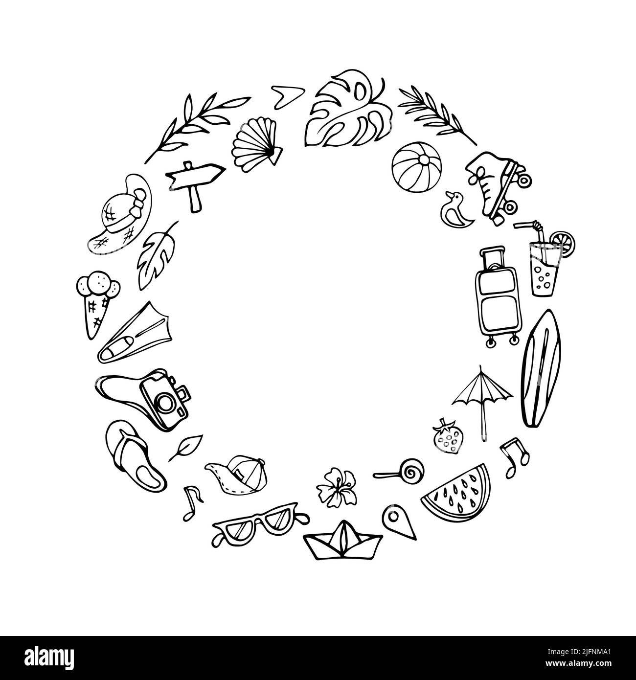 Símbolos de verano: Composición circular con espacio para texto o imagen. Varios objetos de vacaciones, dibujos animados, tema de resort de verano. Dibujado a mano Foto de stock