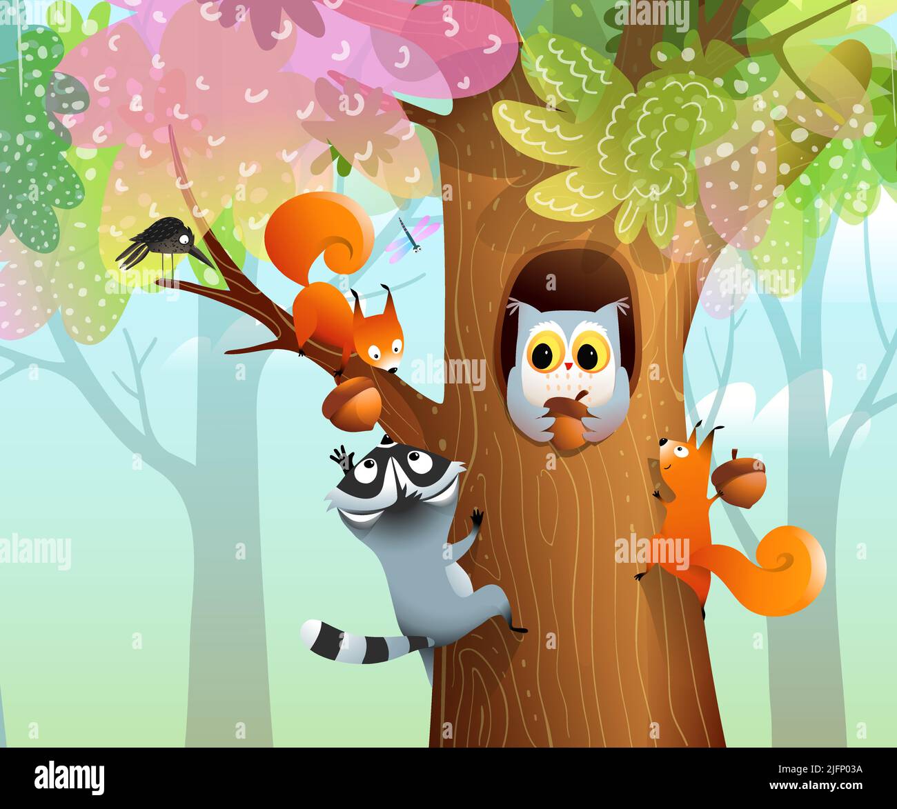 Baby Animals Owl Squirrel en otoño de bosque Ilustración del Vector