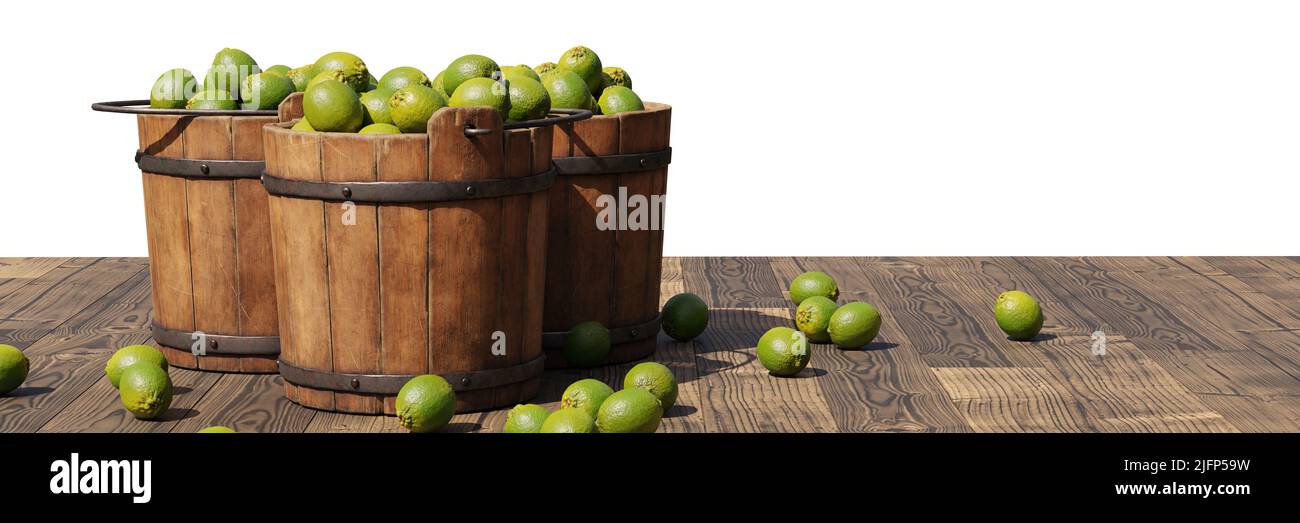 limas, cítricos jugosos rodando en un cubo de madera, aislados sobre fondo blanco, Foto de stock