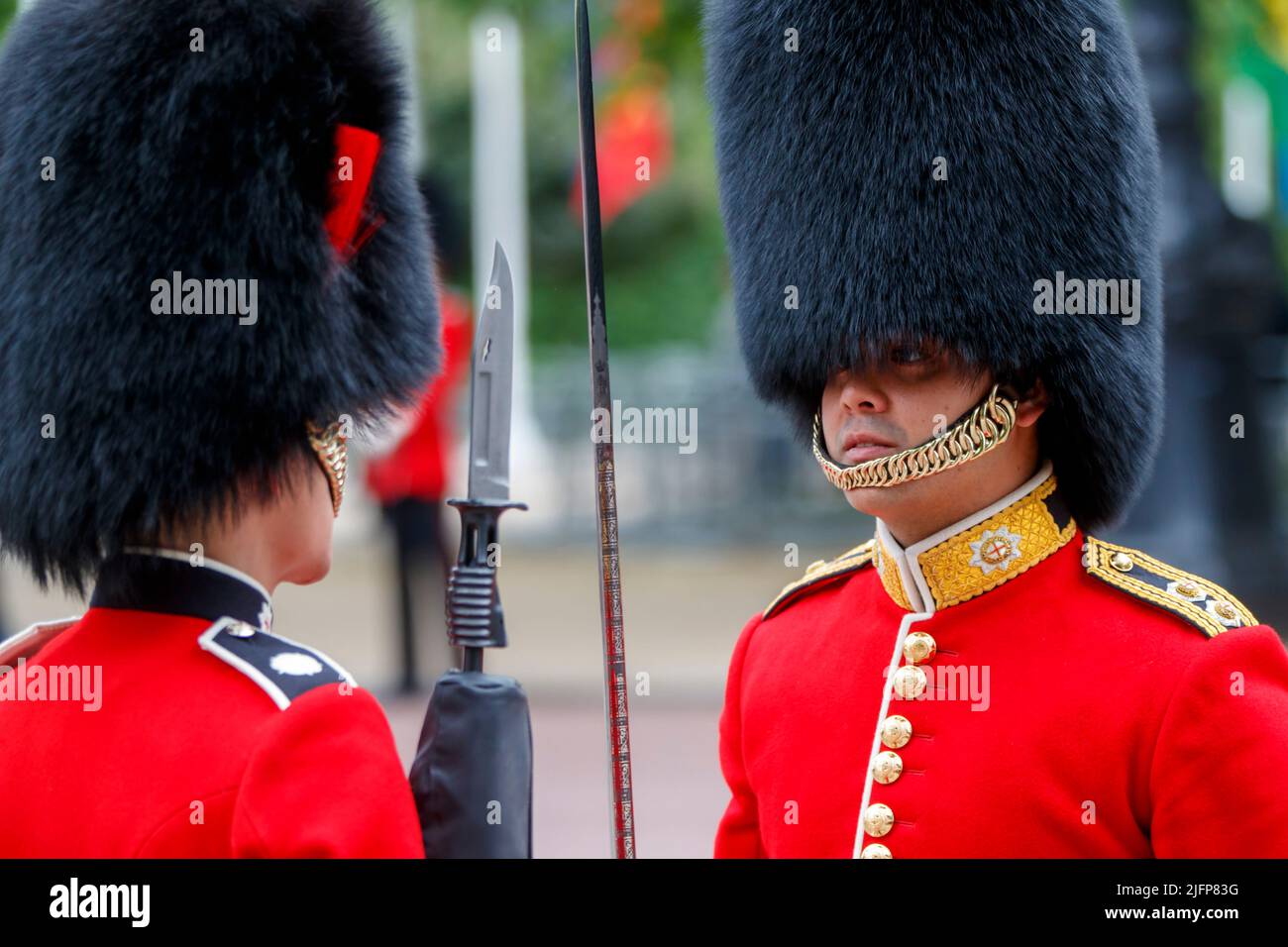 Un teniente inspecciona a un guardia de Coldstream en Trooping the Colour, Colonel’s Review en The Mall, Londres, Inglaterra, Reino Unido Foto de stock