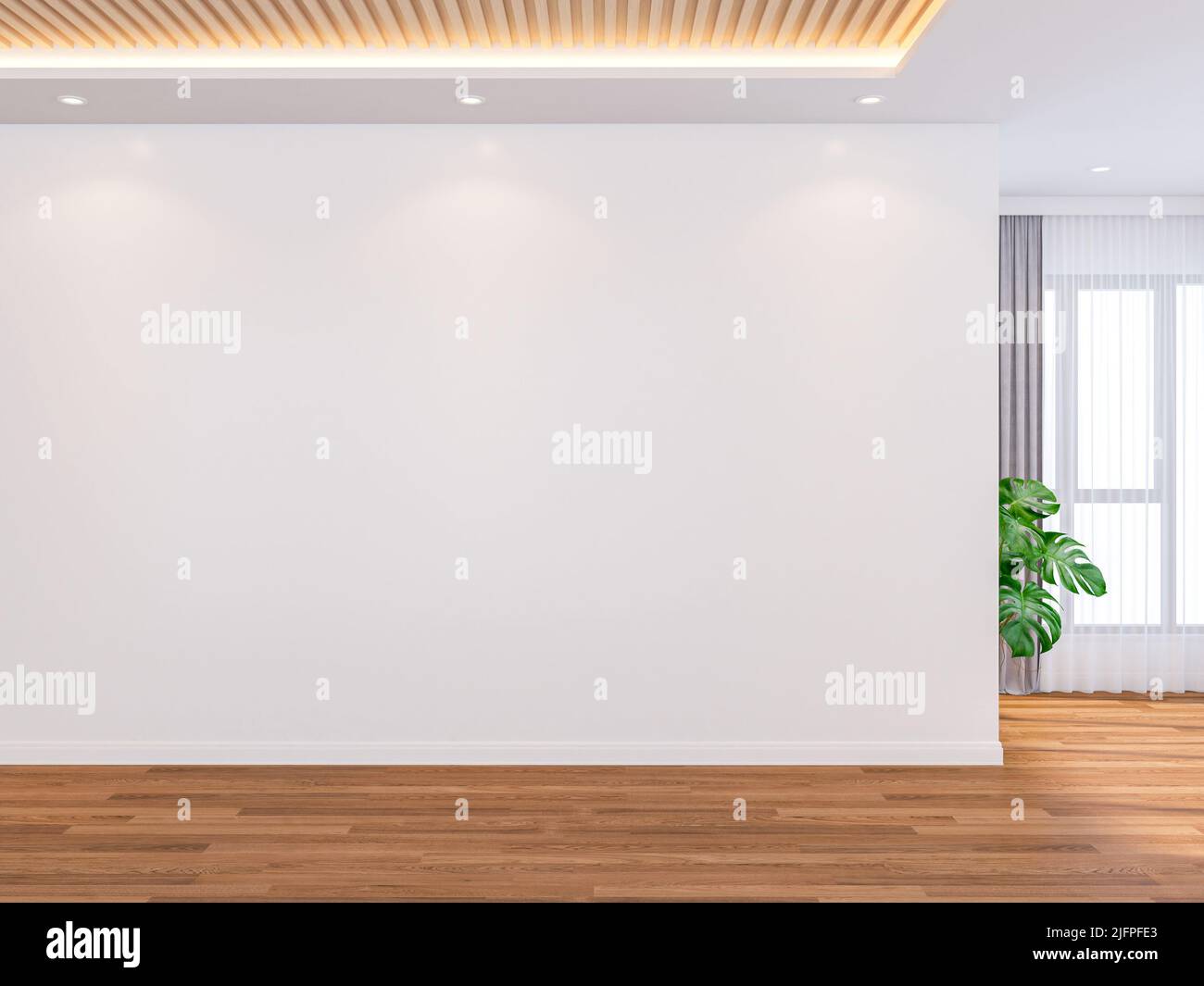 MockupMinimal pared mockup habitación con piso de madera y planta ornamental contemporánea, 3D render Foto de stock