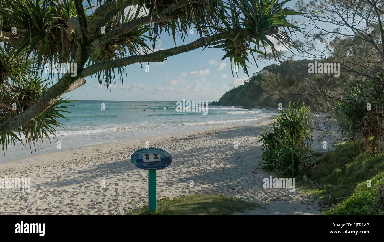 BYRON BAY, AUSTRALIA - NOV 3 2021: Amplia foto de surfistas en la playa de wategos en una mañana de primavera en byron Bay Foto de stock