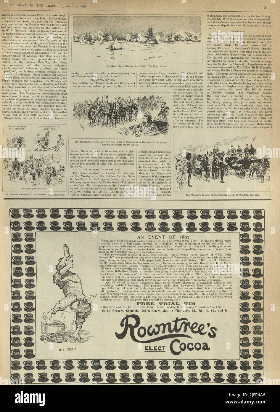 Página de periódico vintage, Eventos del Año, 1897, del Daily Graphic, anuncio de Rowntree Elect Cocoa Foto de stock