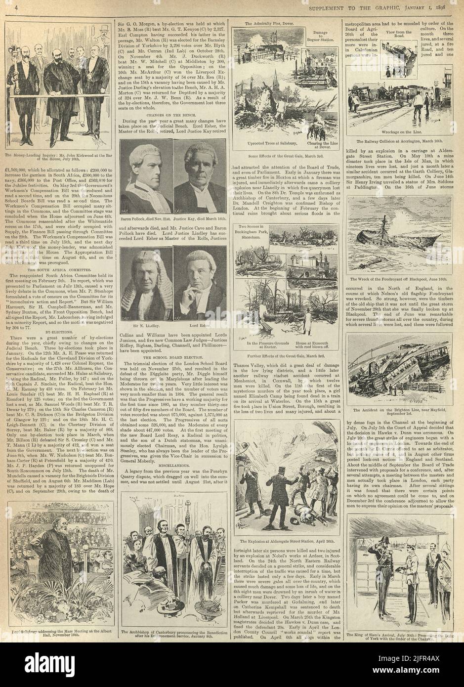 Página de periódico vintage, Eventos del Año, 1897, Ataque terrorista, Jugdes, Naufragio, accidente de tren Foto de stock
