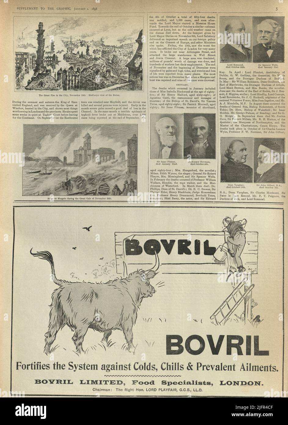 Página del periódico victoriano, Eventos de 1897, anuncio de Bovil, Gran incendio, Tormenta Foto de stock