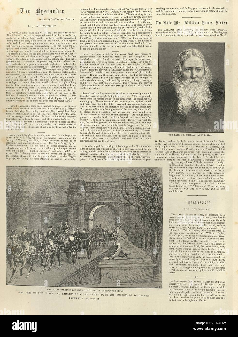 Página del periódico de la vendimia, 1898, William James Linton, el carruaje real que entra en las puertas de Chatsworth Hall, siglo 19th Foto de stock