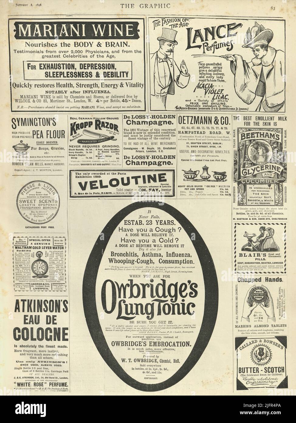 Anuncios en periódicos victorianos, vino Mariani, perfumes Lance, tónico pulmonar, 1890s Foto de stock