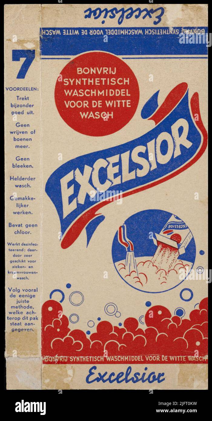 Excelsior Bonvrij Agente de lavado sintético para la basura blanca 'con instrucciones. Foto de stock