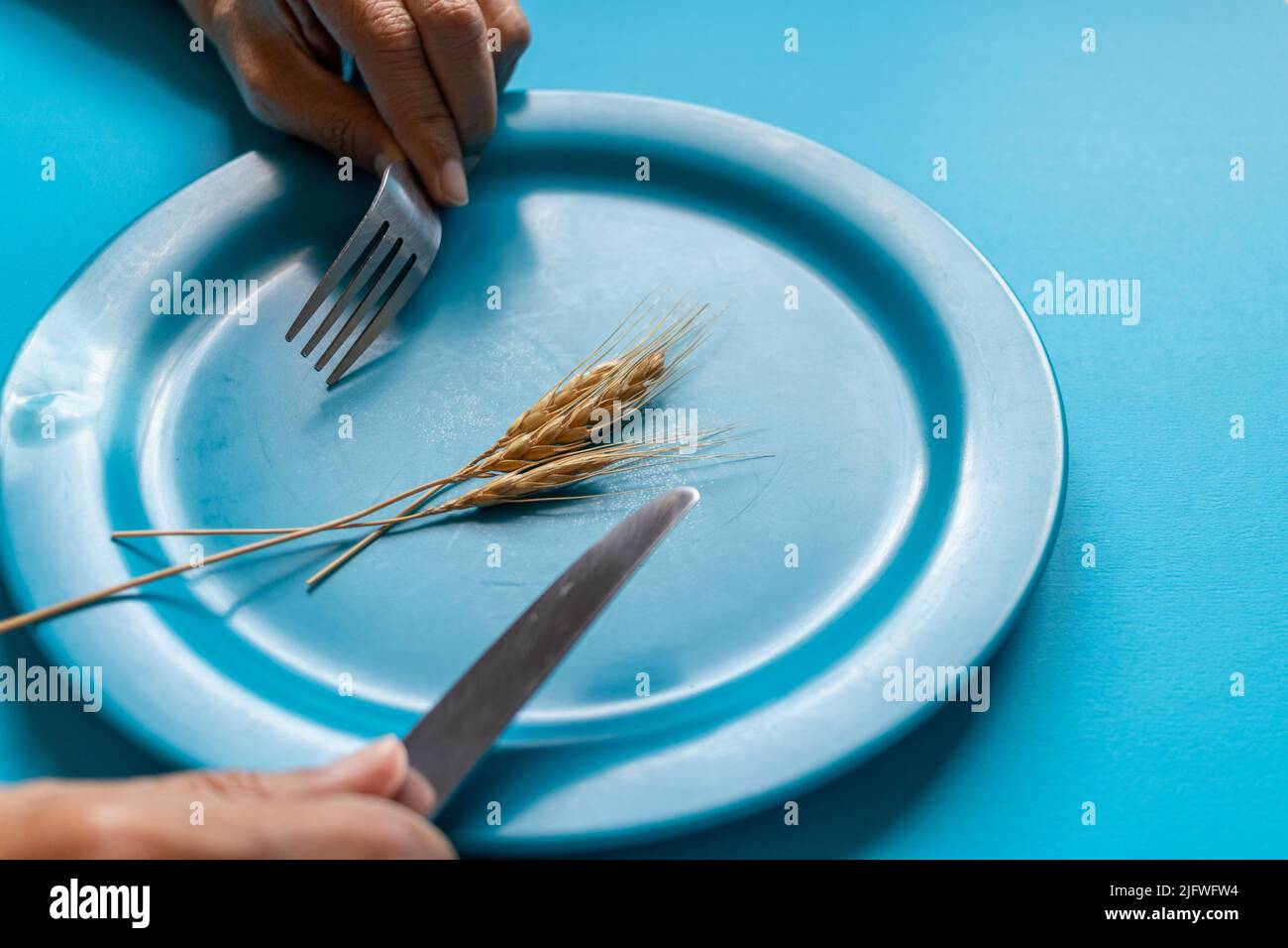 Granos de trigo en una placa , concepto de crisis alimentaria mundial Foto de stock