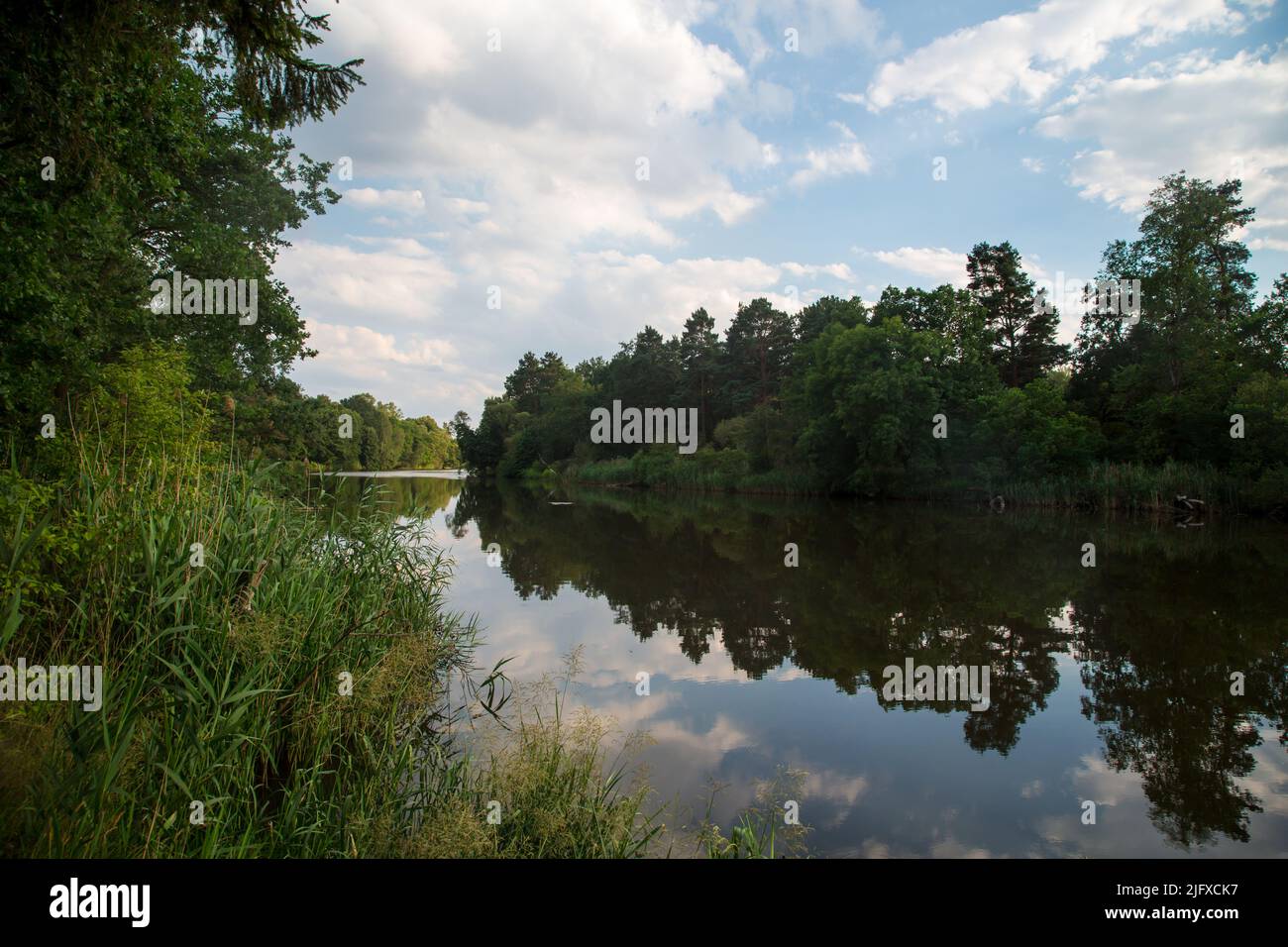 El río Neisse al atardecer, fotografiado desde el lado de Polonia Foto de stock