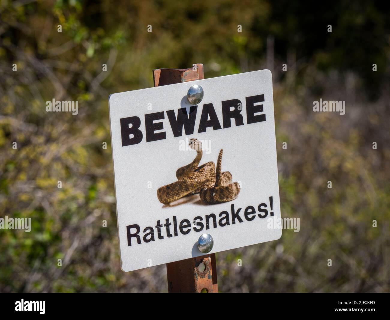 Tenga cuidado con el cartel de serpiente de cascabel en el Parque Nacional Badlands en Dakota del Sur, EE.UU Foto de stock