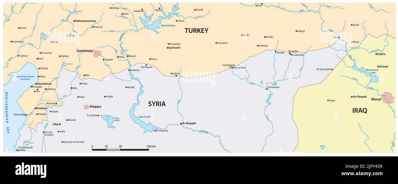 Mapa vectorial de la zona fronteriza entre Siria y Turquía Foto de stock