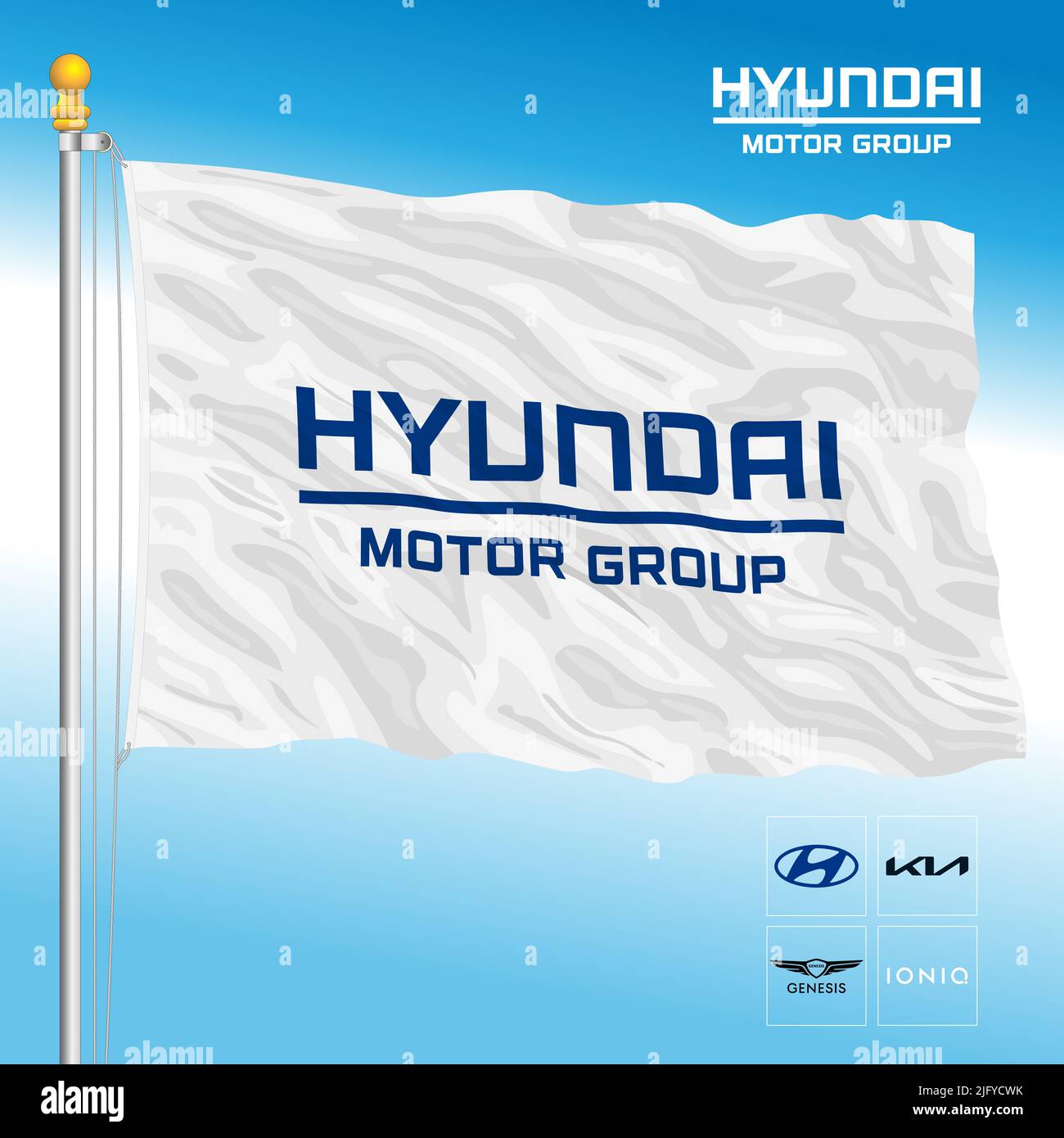 Bandera del logotipo de la industria automotriz Hyundai Motor Group y los productos de marca, ilustración Foto de stock