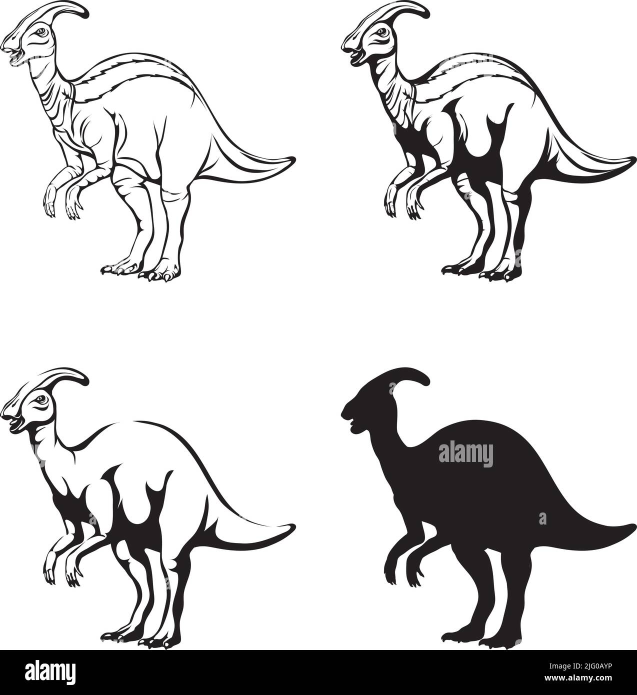 Parasaurolophus, imagen realista de dinosaurio, vector, posiciones, ilustración, blanco y negro, silueta, logotipo, marca registrada, galón para decoración y d Ilustración del Vector