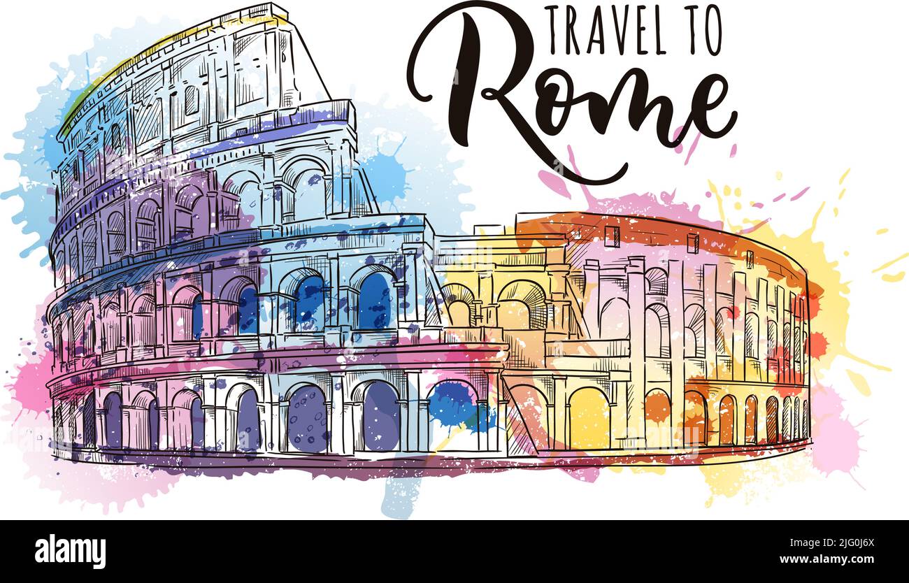 Viaje a Roma póster, tarjeta de felicitación o impresión con letras de caligrafía dibujadas a mano. Ilustración vectorial del Coliseo sobre acuarela ba colorida Ilustración del Vector
