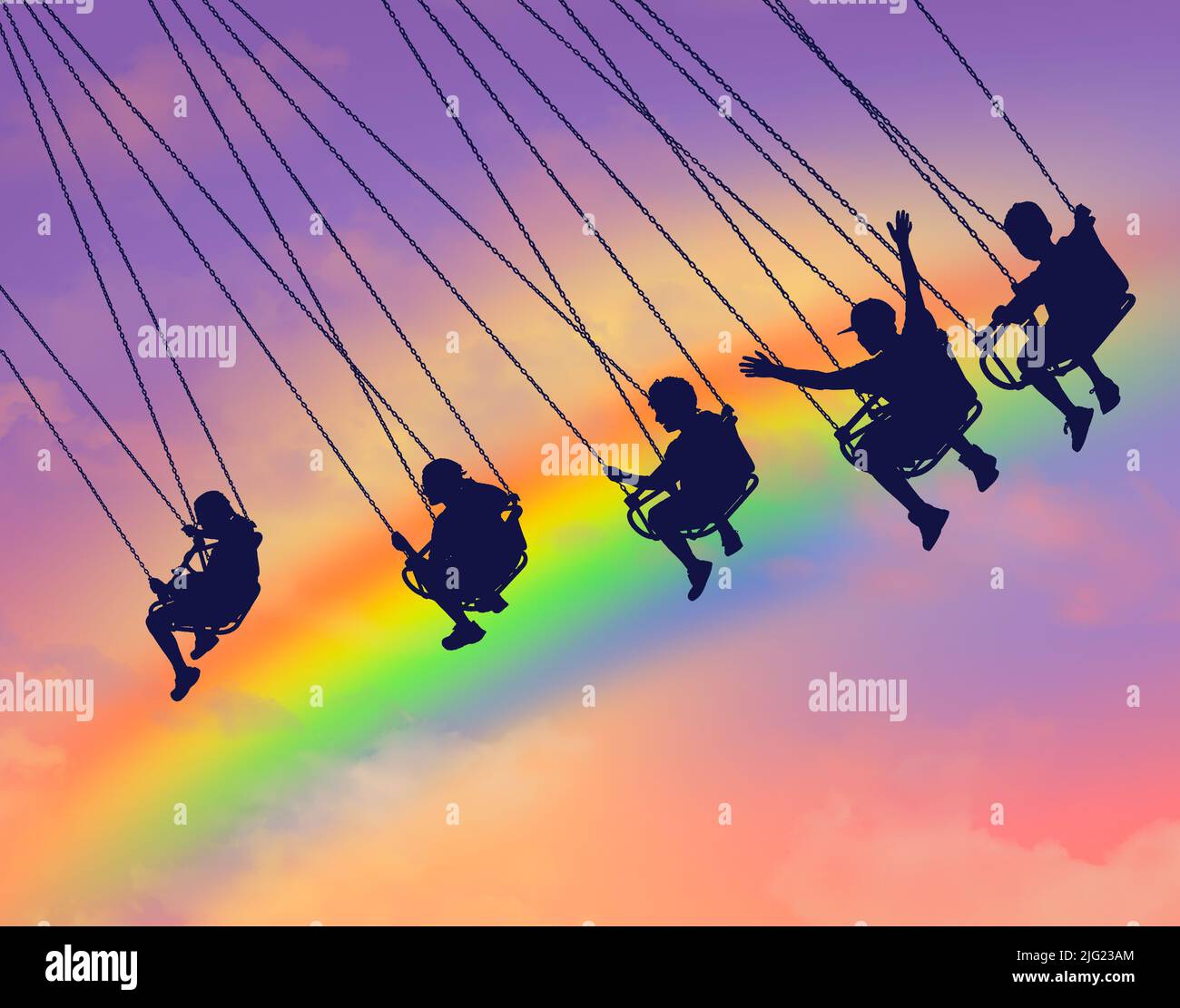 Los jóvenes son vistos montando un columpio de silla de carsouel con un arco iris colorido en el cielo como el fondo en esta ilustración de 3. Foto de stock