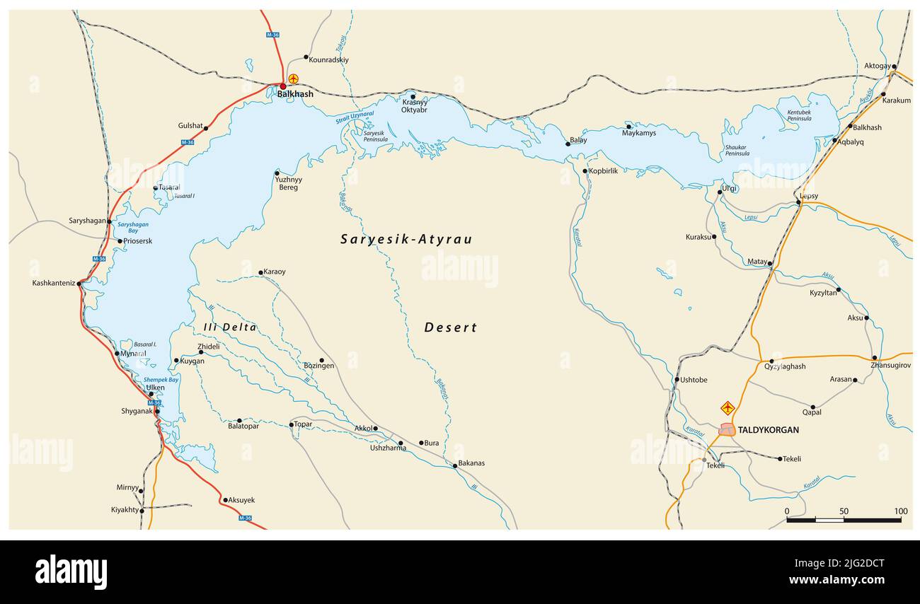 Mapa vectorial del lago Balkhash en el este de Kazajstán Foto de stock
