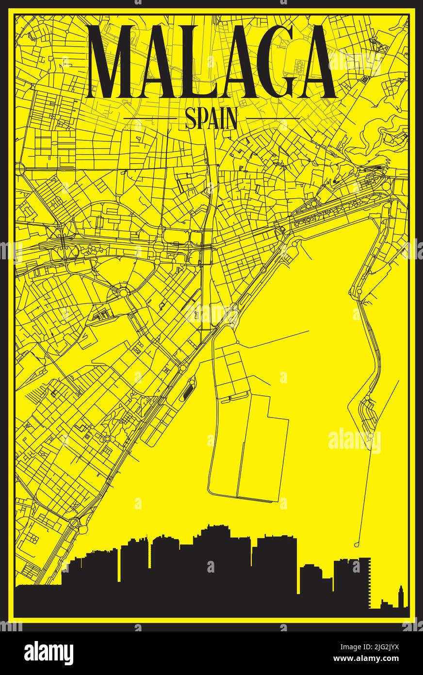 Póster de la ciudad grabado de oro con horizonte panorámico y red de calles dibujadas a mano sobre fondo amarillo y negro del centro DE MÁLAGA, ESPAÑA Ilustración del Vector